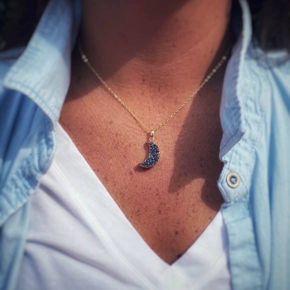 Rainbow Titanium Druzy Moon Necklace - Picture 3 of 5